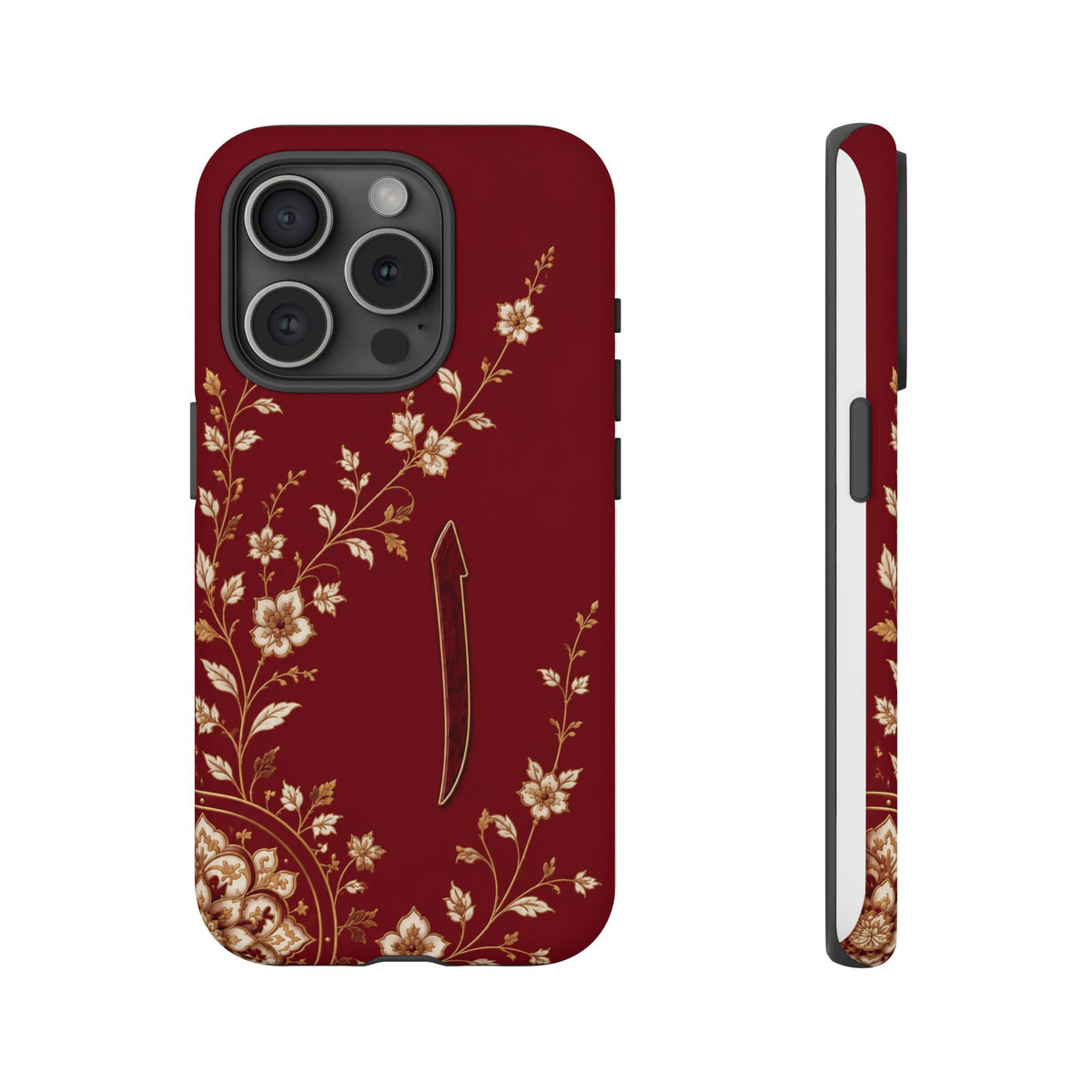 Floral Maroon Tough Phone Case — Protective Slim iPhone Cover with Gold Blossom Design