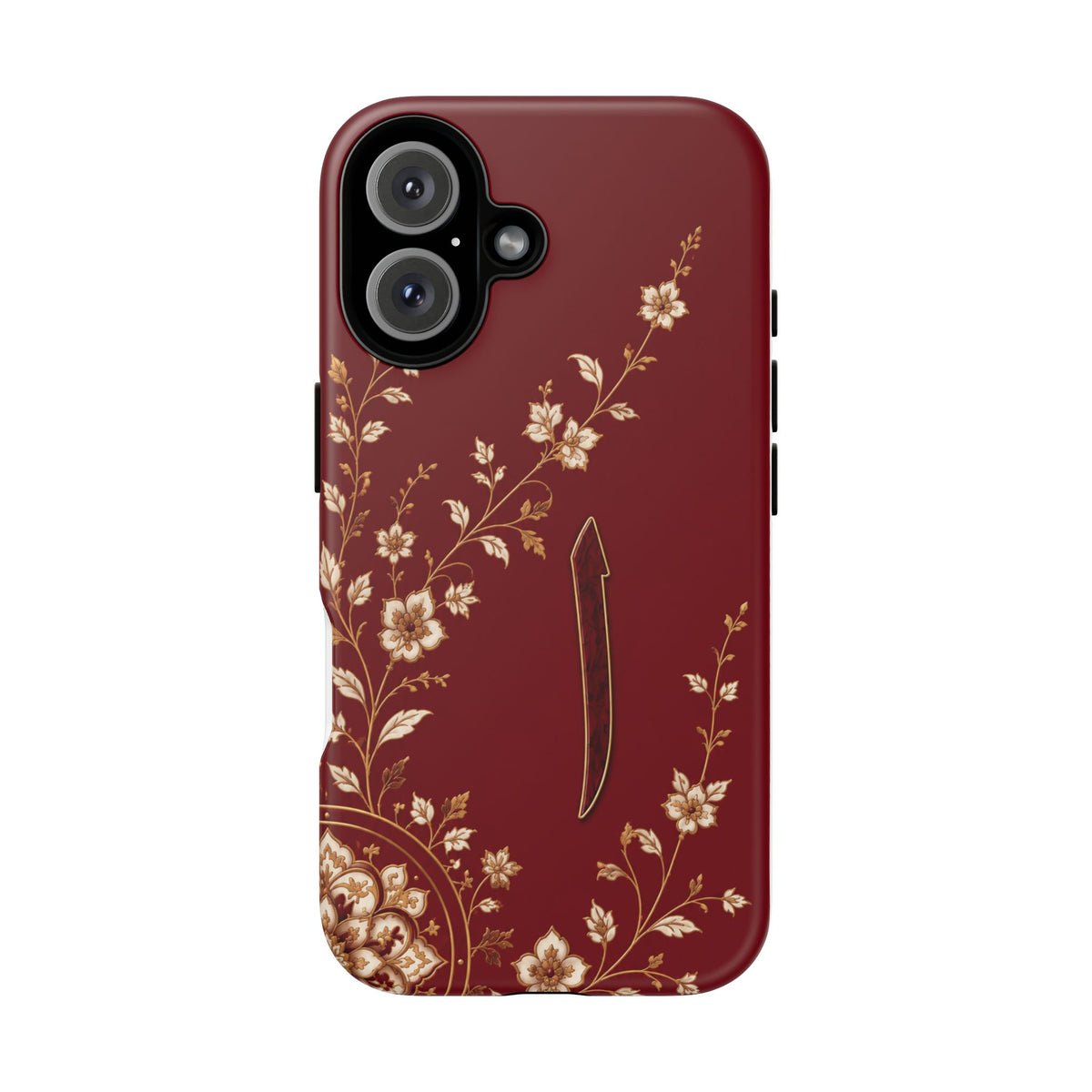 Floral Maroon Tough Phone Case — Protective Slim iPhone Cover with Gold Blossom Design
