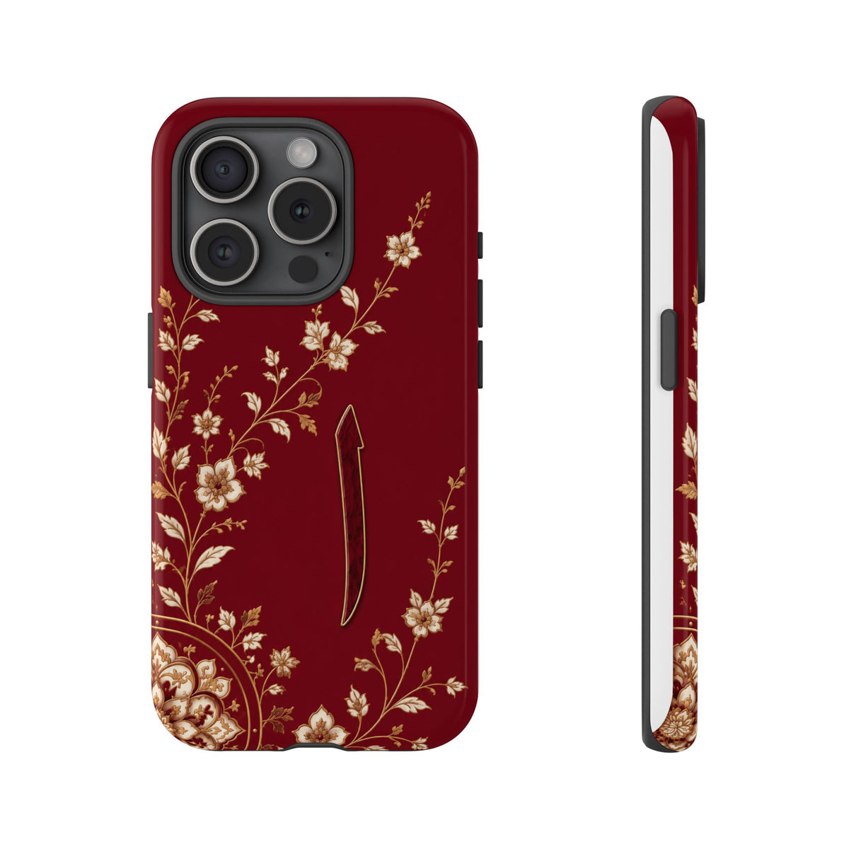 Floral Maroon Tough Phone Case — Protective Slim iPhone Cover with Gold Blossom Design